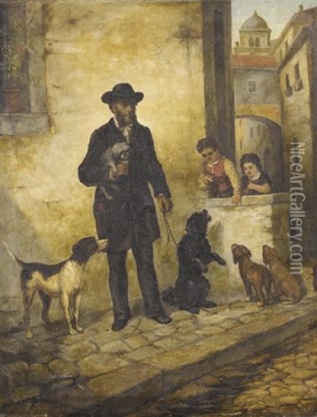 Strassenpartie Mit Mann, Kindern Und Hunden Oil Painting - Victor Zeppenfeld