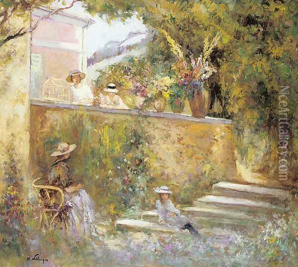Nono and Marthe in the Garden with Madame Lebasque Oil Painting - Henri Lebasque