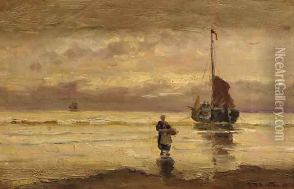 A beached bomschuit at sunset Oil Painting - Gerhard Arij Ludwig Morgenstje Munthe