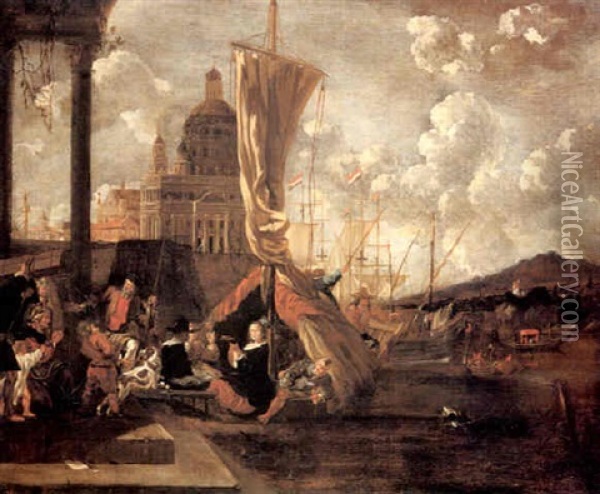An Italianate Harbor With Figures Drinking And Music Making In A Docked Boat, A City View Beyond Oil Painting - Cornelis Jacobsz van der Burgh