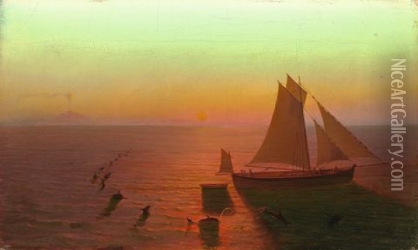 Ein Schiff Auf Dem Meere Von Delphinen Umschwarmt Oil Painting - August Kopisch