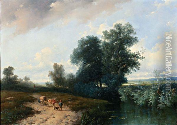 Weids Boomrijk Landschap, Op De Voorgrond Een Boer Met Ossekar Oil Painting - Antonius Josephus Madlener
