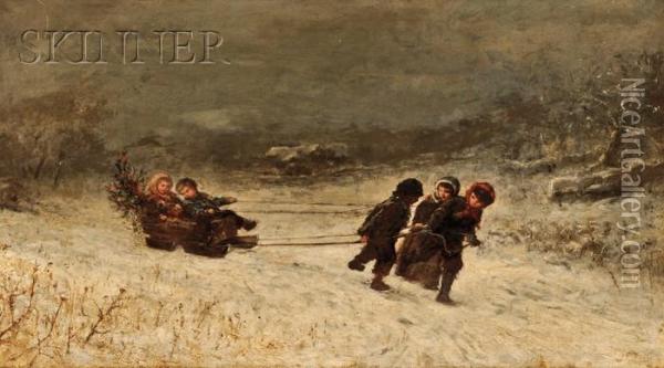 Winter Scene With Children Sledding Oil Painting - James Crawford Thom