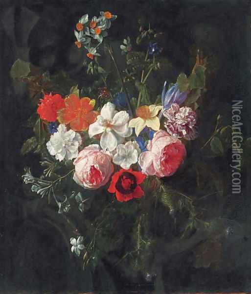 A swag of roses, carnations, narcissi, harebells, thistles, a poppy, a daffodil, a crocus, and other flowers hanging before a stone cartouche Oil Painting - Nicolaes van Veerendael