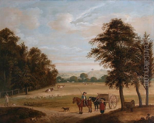 Extensive Rural Landscape With Figures, Horseand Cart And Cattle Oil Painting - Benjamin Zobel