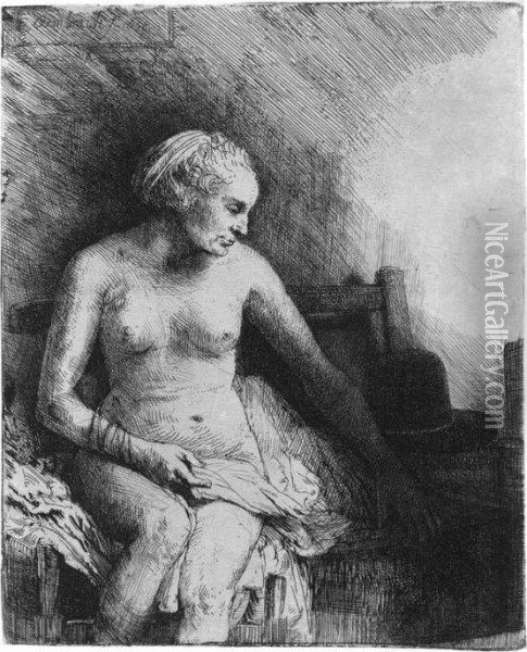 Woman At The Bath With A Hat Beside Her (b., Holl. 199; H.297; Bb 58-c) Oil Painting - Rembrandt Van Rijn