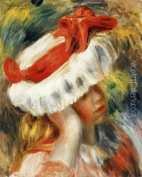 Young Girl With A Hat Oil Painting - Pierre Auguste Renoir