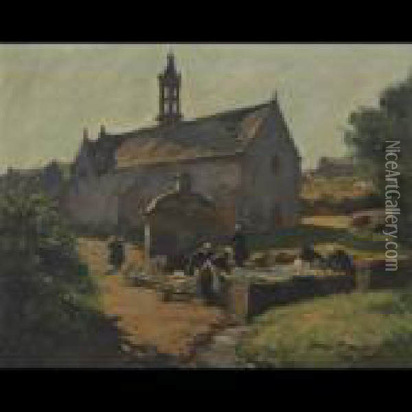 Breton Washerwomen At A Sunlit Trough Oil Painting - Henri Alphonse Barnoin