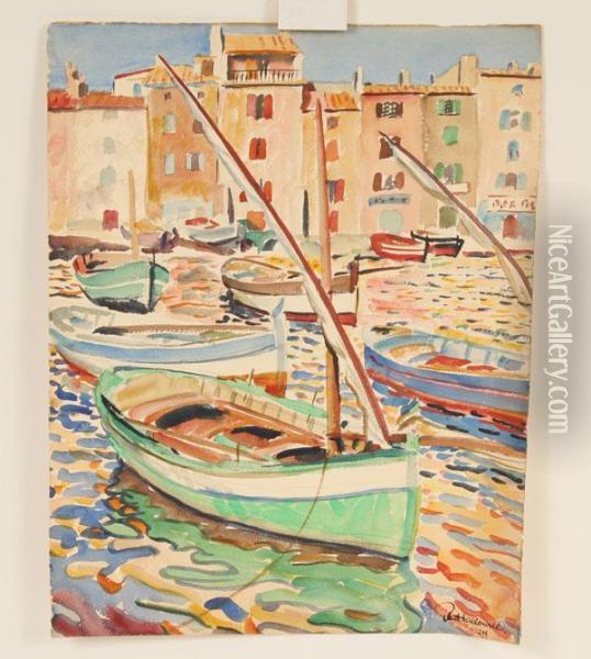 Boats In Harbor Oil Painting - Robert Hallowell