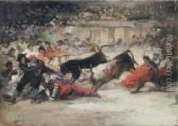 A Bullfight Oil Painting - Eugenio Lucas Velasquez