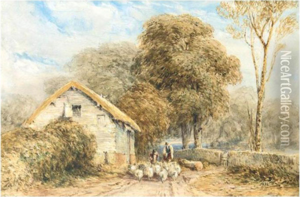 A Shepherd And Sheep By A Barn On A Country Road Oil Painting - David I Cox