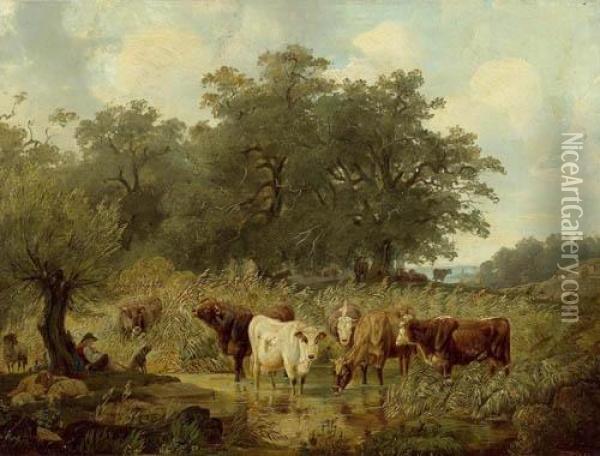 Cows At The River With Herdsmen Resting Under A Tree. Oil Painting - Friedrich Johann Voltz