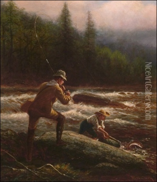 Fly Fishing In The Adirondacks Oil Painting - William de la Montagne Cary