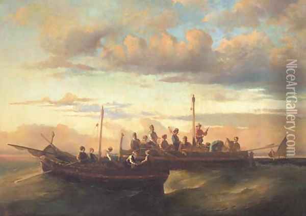 Italian fishing vessels at dusk Oil Painting - Adolphe Joseph Thomas Monticelli