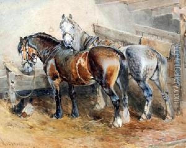 Horses And Chickens In A Stable Oil Painting - William Arnold Woodhouse