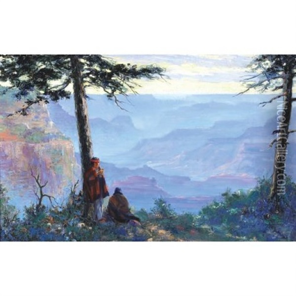 Two Native Americans At The Grand Canyon Oil Painting - Louis Hovey Sharp