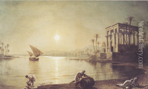 Twilight Along The Nile At Luxor Oil Painting - Fortunato Ariolla
