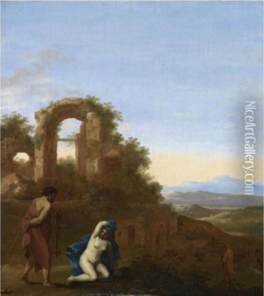 Judah And Tamar In An Italianate Landscape Oil Painting - Cornelis Van Poelenburch