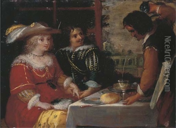 An Elegant Couple Dining And A Servant Pouring Wine, A Park Beyond Oil Painting - Louis de Caullery