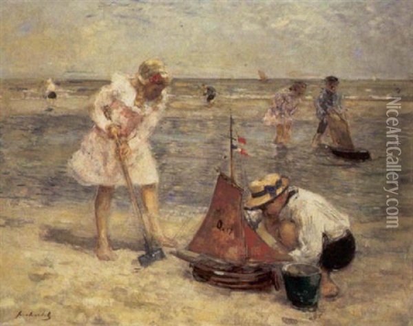 Kinderen Spelend Op Het Strand Oil Painting - Frantz Charlet