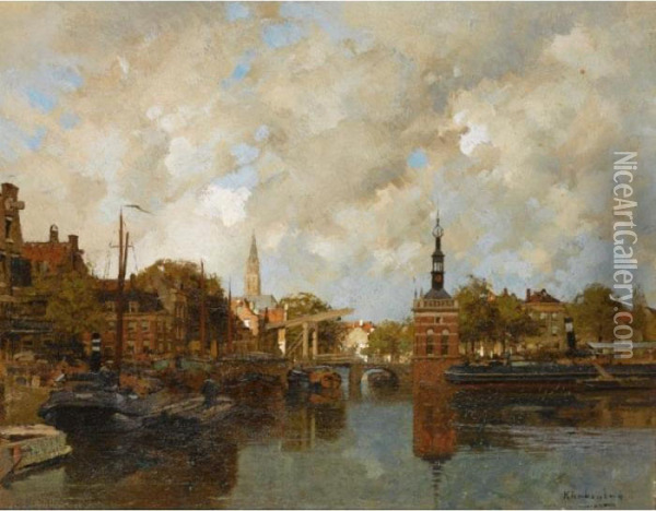 A View Of Alkmaar With The Accijnstoren Oil Painting - Johannes Christiaan Karel Klinkenberg