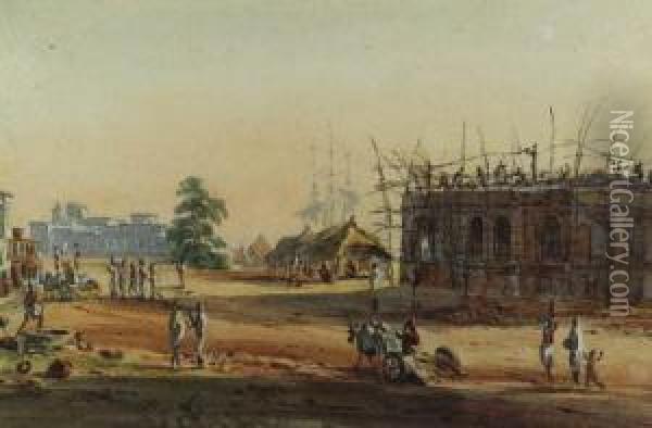 Figures And Oxen Before A House Covered In Scaffolding,calcutta Oil Painting - William Prinsep