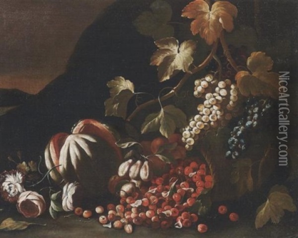 Natura Morta Di Meloni, Ciliegie, Uva E Fiori Su Paesaggio Oil Painting - Giovanni Paolo Castelli (lo Spadino)
