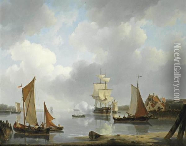 A Frigate Firing A Salute In The Harbor Entrance Oil Painting - Petrus Jan Schotel