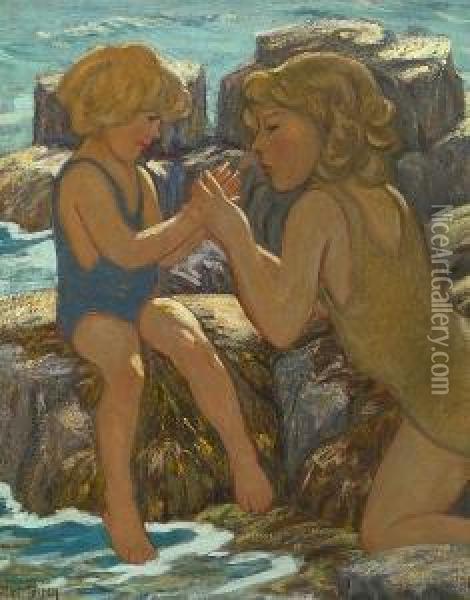 Two Girls Playing In Tide Pools Oil Painting - Elliot Bouton Torrey