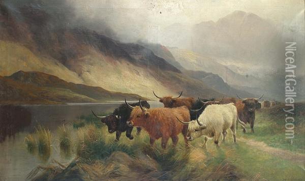 A Herd Of Highland Cattle Heading Towards The Lake. Oil Painting - Harald R. Hall