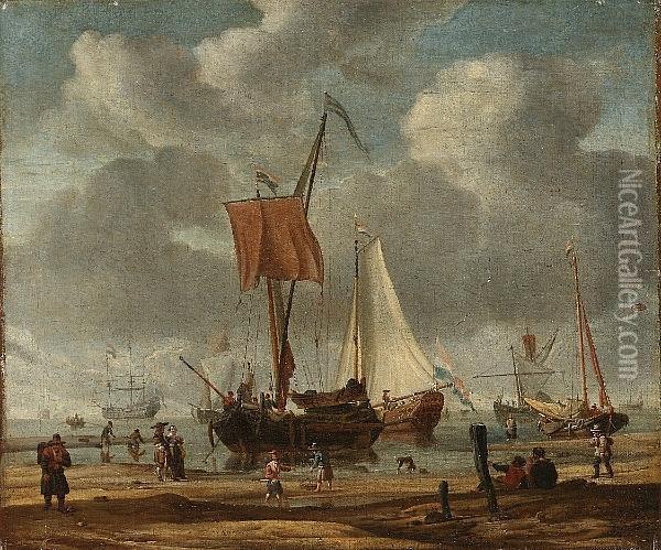 A Coastal Landscape With Pinks, A
 State Barge And A Man O'war In A Calm, With Elegant Figures And 
Fishermen On The Shore Oil Painting - Abraham Storck