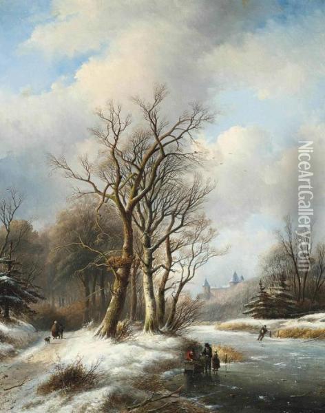 Figures On A Frozen Waterway, A Castle Beyond Oil Painting - Jan Jacob Coenraad Spohler