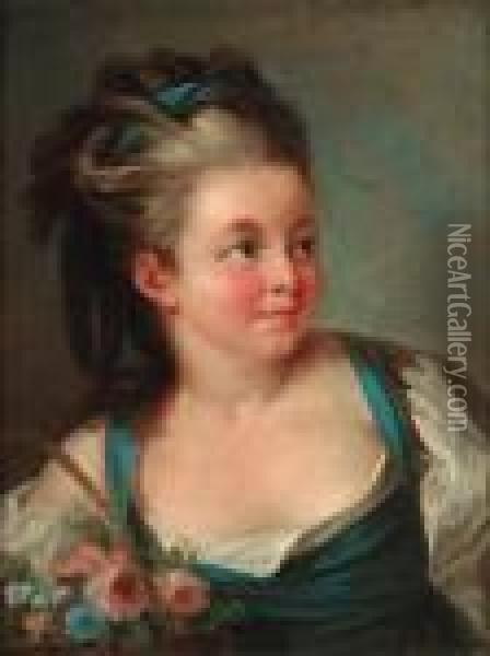 Portrait Of A Young Girl, Bust Length, In A Blue Dress With Abasket Of Flowers Oil Painting - Jean-Baptiste Le Prince
