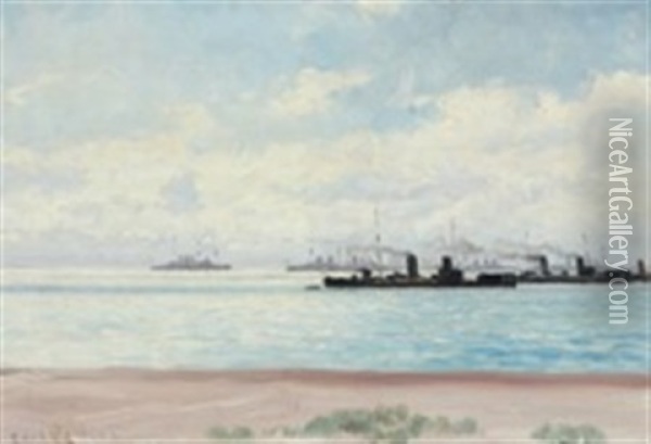 Coast Scenery With Warships Oil Painting - Carl Ludvig Thilson Locher