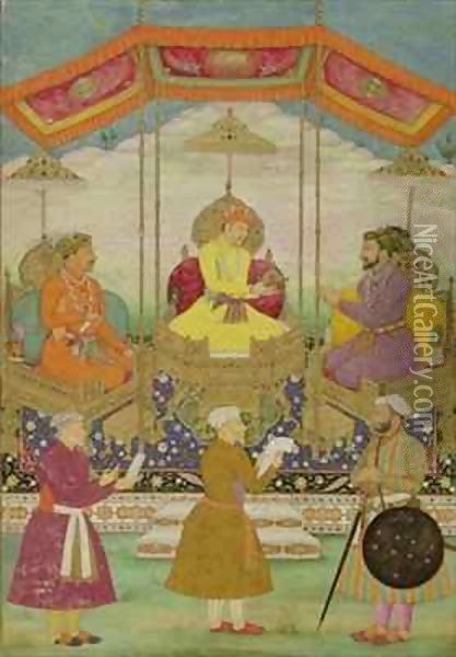 Mughal Emperor Akbar (c.1605) (centre) Symbolically Passing the Crown from His Son Jahangir to his Grandson Shah Jahan (1627-1658) Oil Painting - Bichtir