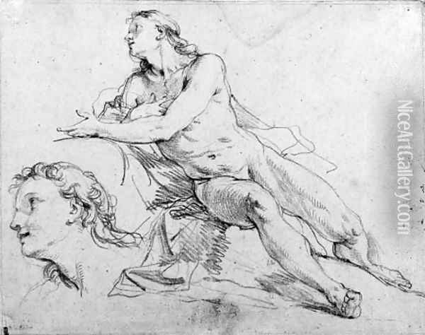 A reclining nude gesturing in profile to the left, with a subsidiary study of the head Oil Painting - Charles Joseph Natoire