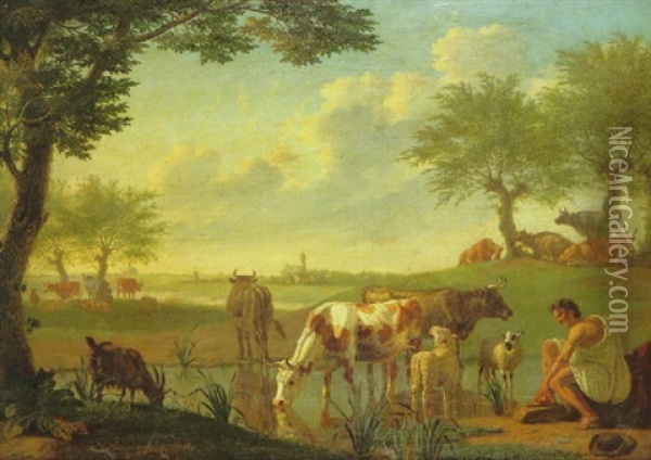 A Pastoral Landscape With A Herdsman Watering His Livestock, A Woman Milking A Cow And Other Cattle Beyond, A River Landscape And Town In The Distance Oil Painting - Jan van Gool