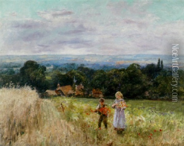 Children Picking Wildflowers In A Field With An Extensive Landscape Beyond Oil Painting - Henry John Yeend King