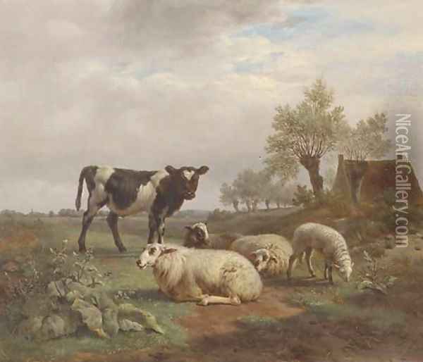 Cattle in a meadow Oil Painting - Frans Lebret