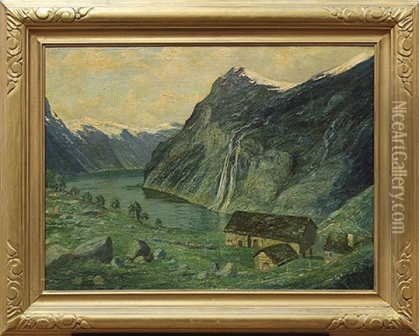 Geirangerfjord Med Soterheiser (the Seven Sisters Waterfalls) Oil Painting - Conrad Hans Selmyhr