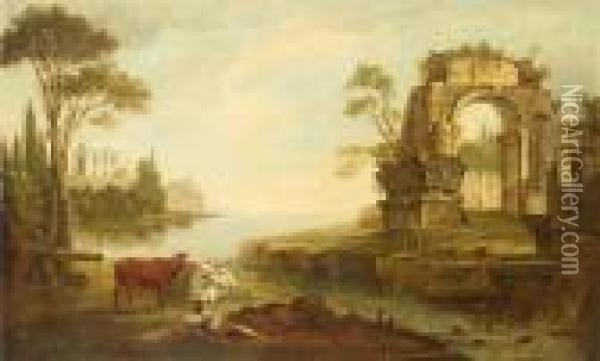 An Extensive River Landscape With A Drover Resting Beside A Stream Oil Painting - Hubert Robert