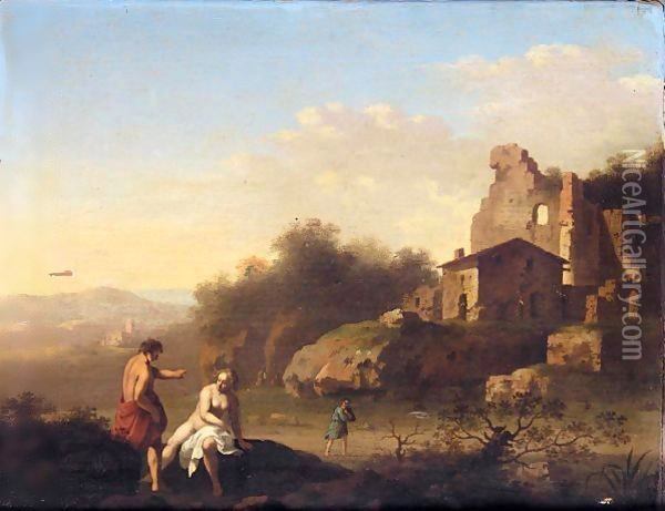 A Southern Landscape With Two Figures Bathing Near Ruins Oil Painting - Cornelis Van Poelenburgh