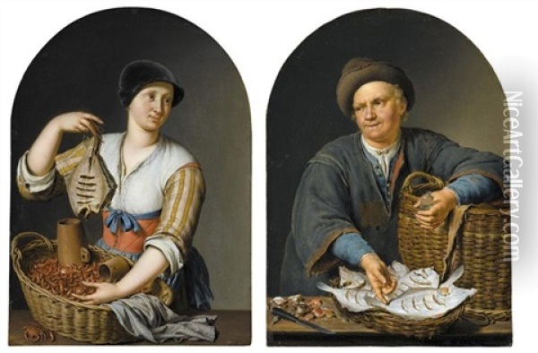 The Fish Wife (+ The Fish Seller, C.1716; Pair) Oil Painting - Willem van Mieris