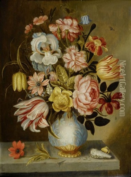 Blumenstilleben In Einer Vase Auf Einer Steinplinthe Mit Muscheln Und Kleinen Insekten Oil Painting - Abraham Bosschaert