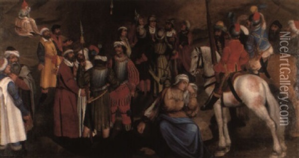 Turkish (?) Soldiers With Other Figures Preparing To Leave For Battle Oil Painting - Lucas Van Leyden