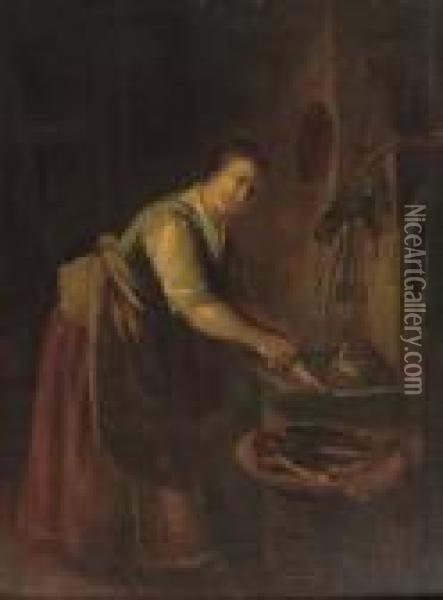 A Peasant Woman Cleaning Fish In An Interior Oil Painting - Quiringh Gerritsz. van Brekelenkam