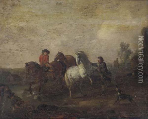 Horsemen In A Landscape Oil Painting - Pieter Wouwermans or Wouwerman