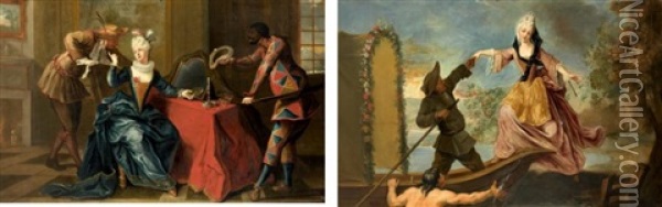 Elegante Descendant D'une Barque Et Couple Et Arlequin Dans Un Interieur (2 Works) Oil Painting - Claude Gillot