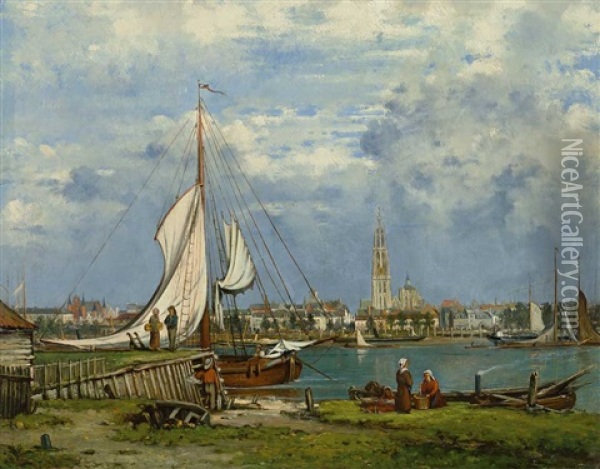 Blick Auf Stadt Und Hafen Von Antwerpen Oil Painting - Louis Pulinckx