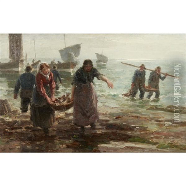 Unloading The Catch Oil Painting - William Marshall Brown
